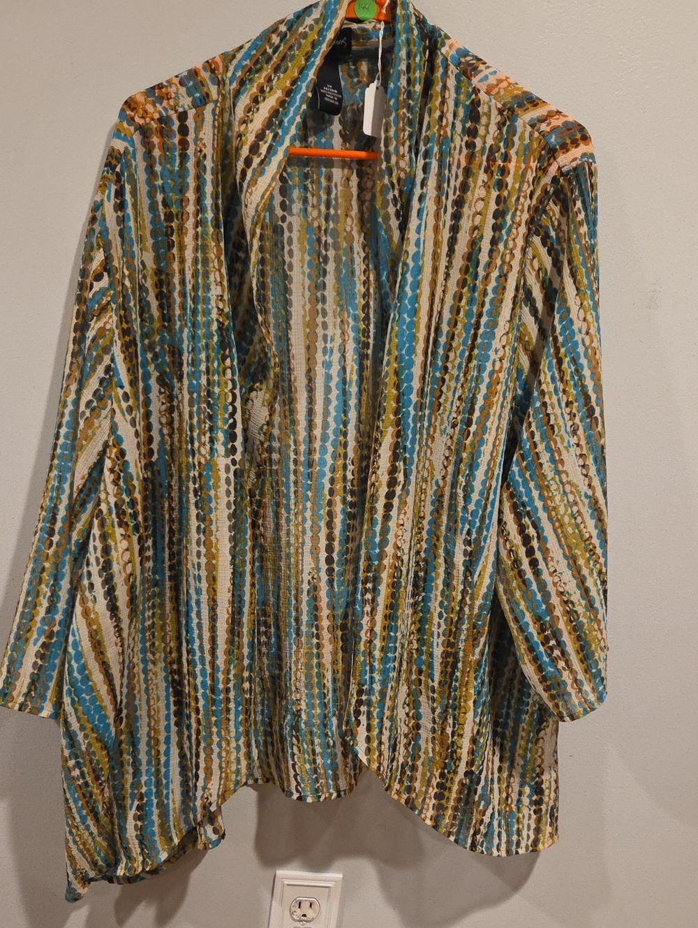 144. Maggie Barnes Striped Open-Front Cardigan - Teal, Olive & Brown